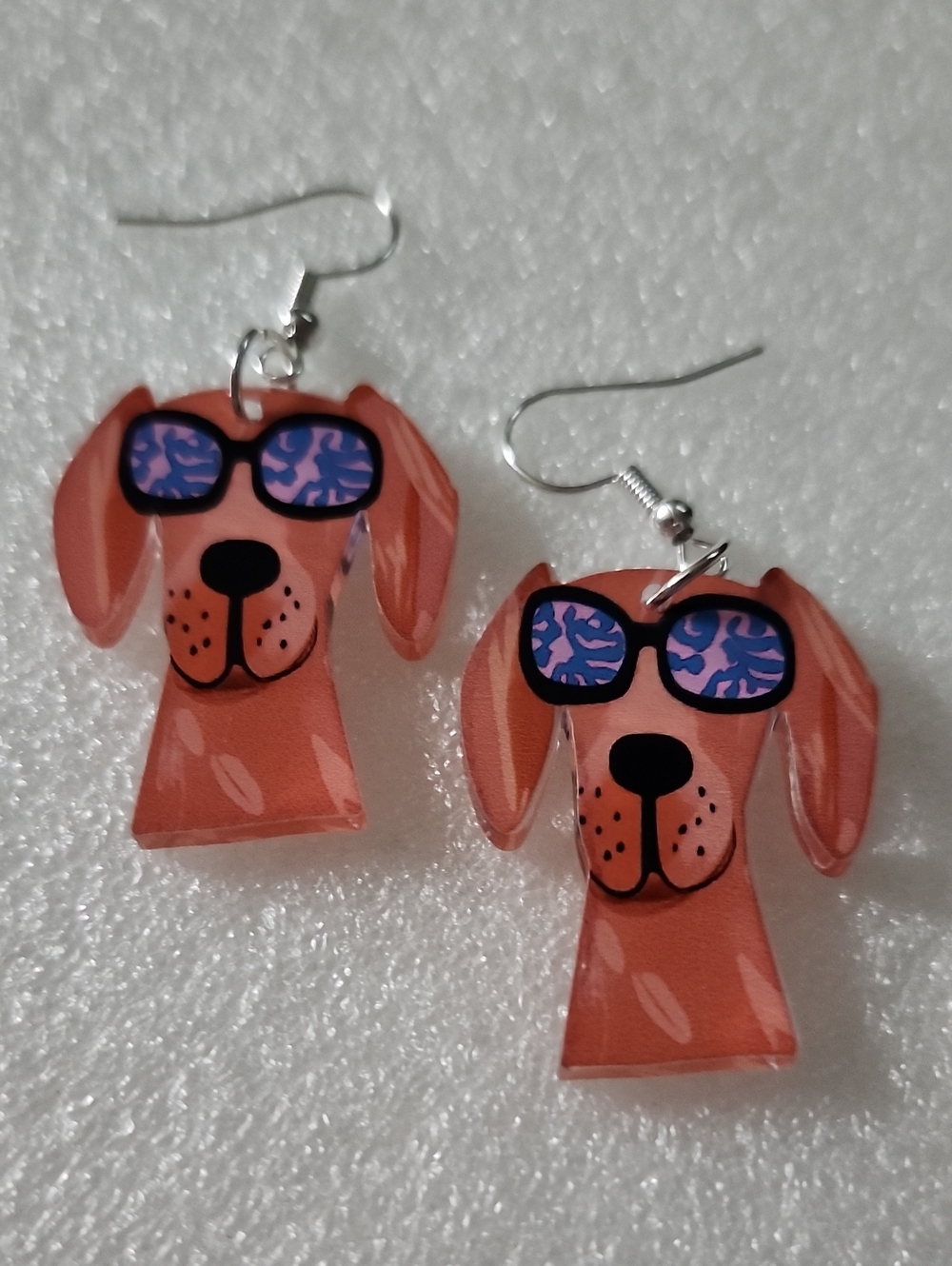 Hand Crafted Orange Dog Face Earrings with Purple Sunglasses